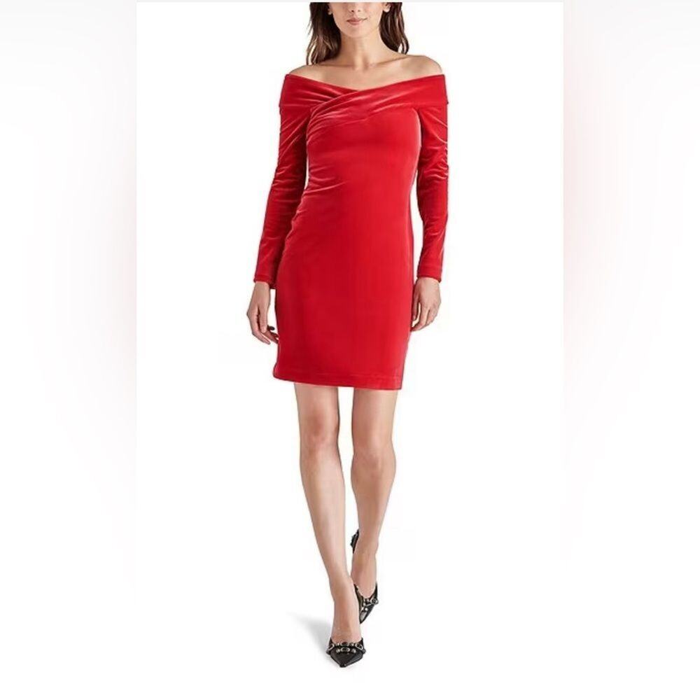 Steve Madden Alaura Velvet Off-The-Shoulder Long Slv Mini Red Dress Size M